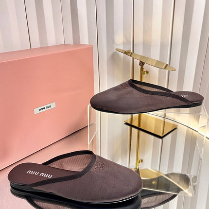 MIUMIU 26S FLAT MULES IN CHOCOLATE BROWN FABRIC AND LEATHER 