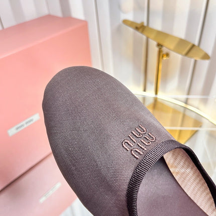 MIUMIU 26S FLAT MULES IN CHOCOLATE BROWN FABRIC AND LEATHER 