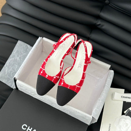 HIGH SLINGBACK IN CHERRY RED TWEED AND BLACK LAMBSKIN