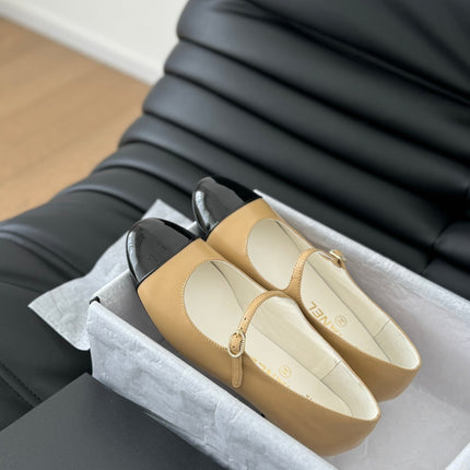CC MARY JANE SHOES IN SEPIA BEIGE MIX BLACK LAMBSKIN WITH GOLD HARDWARE