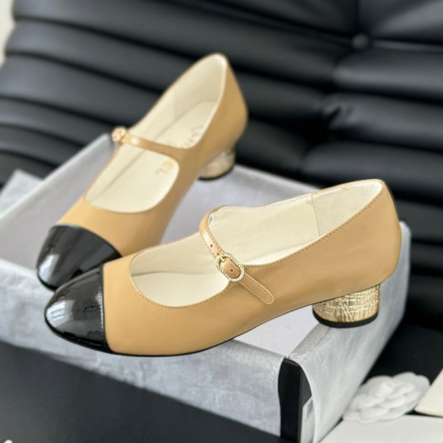 CC MARY JANE SHOES IN SEPIA BEIGE MIX BLACK LAMBSKIN WITH GOLD HARDWARE