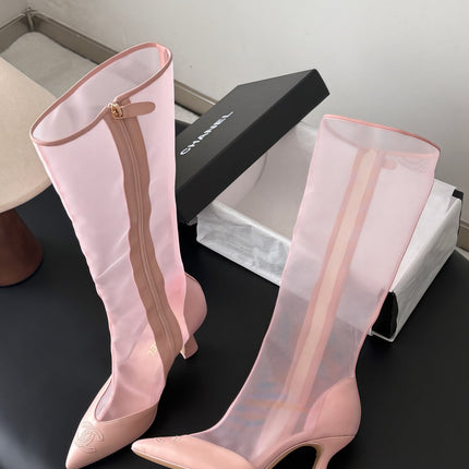 CHANEL 26S THIGH HIGH BOOTS IN LIGHT PINK MESH