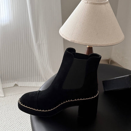CHANEL 26S CHELSEA ANKLE BOOTS 70 MM IN BLACK SUEDE