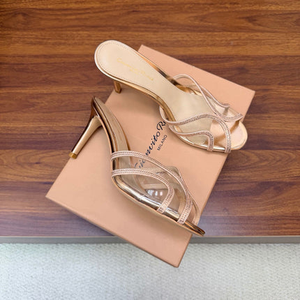 GIANVITO ROSSI 26S HIGH-HEEL SANDALS 85 MM IN ROSE GOLD PVC AND RHINESTONES
