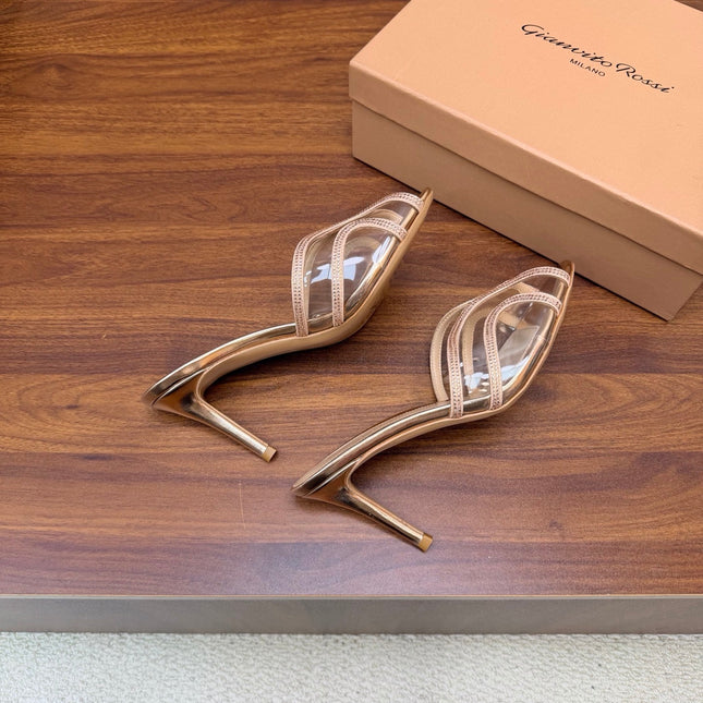 GIANVITO ROSSI 26S HIGH-HEEL SANDALS 85 MM IN ROSE GOLD PVC AND RHINESTONES