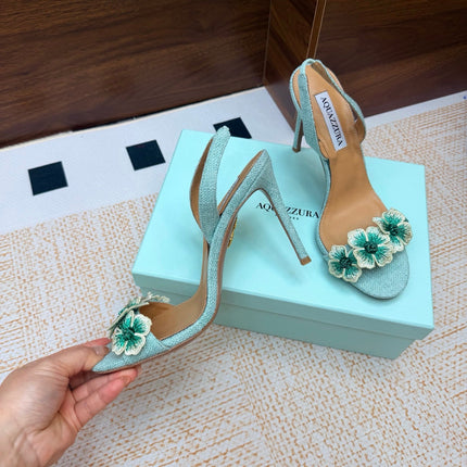 AQUAZZURA 26S HEELED SANDALS 100 MM IN MINT GREEN RAFFIA TEXTURE
