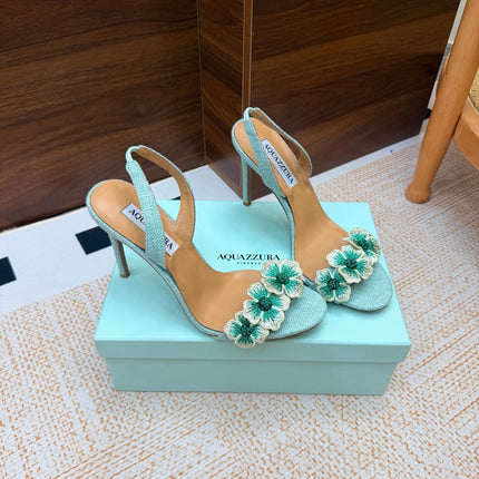 AQUAZZURA 26S HEELED SANDALS 100 MM IN MINT GREEN RAFFIA TEXTURE