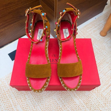 VALENTINO 26S ESPADRILLE WEDGE SANDALS 95 MM IN BROWN SUEDE WITH ROCKSTUDS