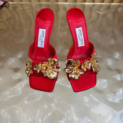 JIMMY CHOO 26S HEEL SANDALS 70 MM IN DARK RED SATIN WITH GOLD HARDWARE