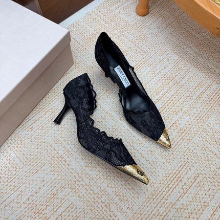 JIMMY CHOO 26S CUTOUT HEELS 65 MM IN BLACK LACE WITH METAL TOE CAP