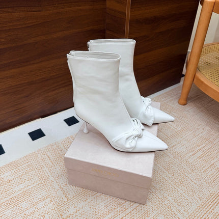 JIMMY CHOO 26S ANKLE BOOTS 65 MM IN WHITE CALFSKIN WITH KNOTTED BOW