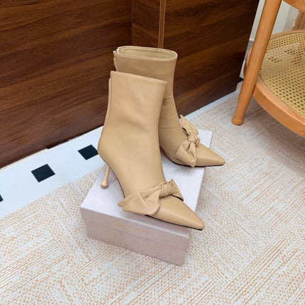 JIMMY CHOO 26S ANKLE BOOTS 65 MM IN BEIGE CALFSKIN WITH KNOTTED BOW