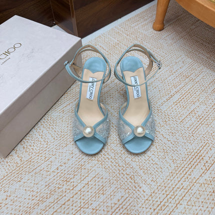 JIMMY CHOO 26S HEEL SANDALS 100 MM IN SKY BLUE FLORAL LACE PEARL EMBELLISHED