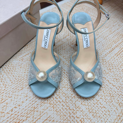 JIMMY CHOO 26S HEEL SANDALS 100 MM IN SKY BLUE FLORAL LACE PEARL EMBELLISHED