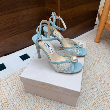 JIMMY CHOO 26S HEEL SANDALS 100 MM IN SKY BLUE FLORAL LACE PEARL EMBELLISHED
