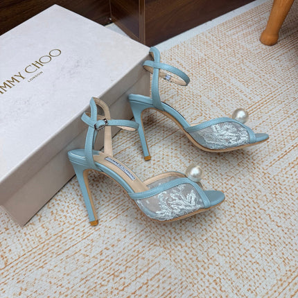 JIMMY CHOO 26S HEEL SANDALS 100 MM IN SKY BLUE FLORAL LACE PEARL EMBELLISHED