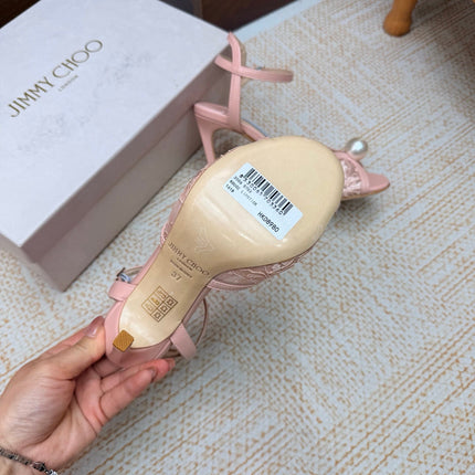 JIMMY CHOO 26S HEEL SANDALS 100 MM IN LIGHT PINK FLORAL LACE PEARL EMBELLISHED