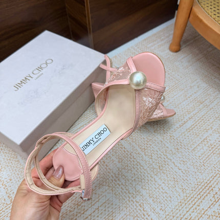 JIMMY CHOO 26S HEEL SANDALS 100 MM IN LIGHT PINK FLORAL LACE PEARL EMBELLISHED