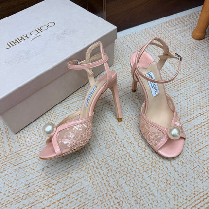 JIMMY CHOO 26S HEEL SANDALS 100 MM IN LIGHT PINK FLORAL LACE PEARL EMBELLISHED