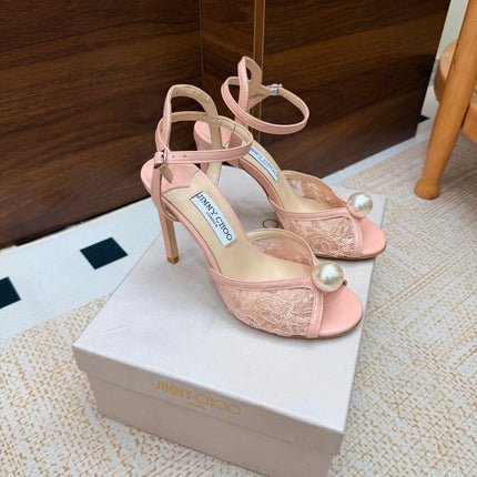 JIMMY CHOO 26S HEEL SANDALS 100 MM IN LIGHT PINK FLORAL LACE PEARL EMBELLISHED