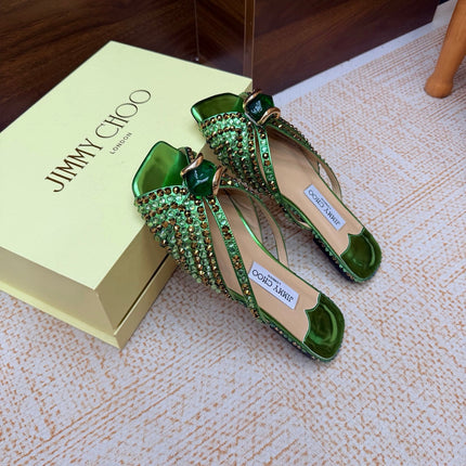 JIMMY CHOO 26S FLAT SANDALS IN GREEN METALLIC LEATHER CRYSTAL EMBELLISHED