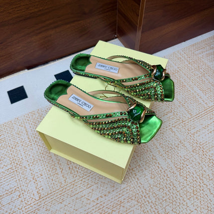 JIMMY CHOO 26S FLAT SANDALS IN GREEN METALLIC LEATHER CRYSTAL EMBELLISHED