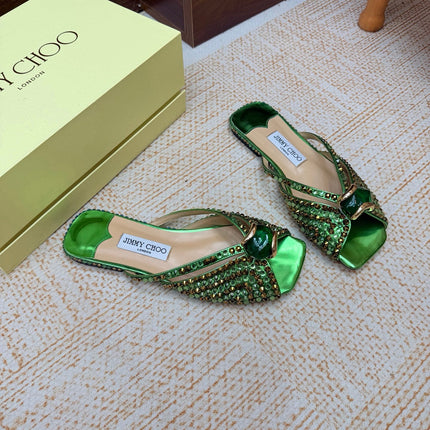 JIMMY CHOO 26S FLAT SANDALS IN GREEN METALLIC LEATHER CRYSTAL EMBELLISHED