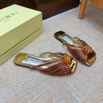 JIMMY CHOO 26S FLAT SANDALS IN GOLD METALLIC LEATHER CRYSTAL EMBELLISHED