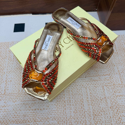 JIMMY CHOO 26S FLAT SANDALS IN GOLD METALLIC LEATHER CRYSTAL EMBELLISHED