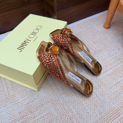 JIMMY CHOO 26S FLAT SANDALS IN GOLD METALLIC LEATHER CRYSTAL EMBELLISHED