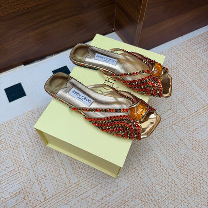 JIMMY CHOO 26S FLAT SANDALS IN GOLD METALLIC LEATHER CRYSTAL EMBELLISHED