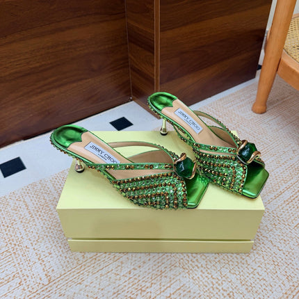 JIMMY CHOO 26S HEEL SANDALS 65 MM IN GREEN METALLIC LEATHER CRYSTAL EMBELLISHED