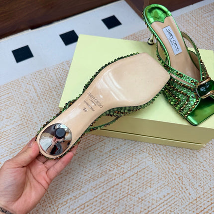 JIMMY CHOO 26S HEEL SANDALS 65 MM IN GREEN METALLIC LEATHER CRYSTAL EMBELLISHED