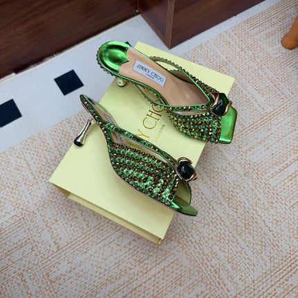 JIMMY CHOO 26S HEEL SANDALS 65 MM IN GREEN METALLIC LEATHER CRYSTAL EMBELLISHED