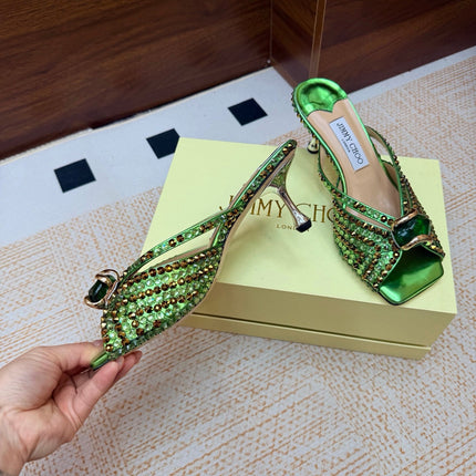 JIMMY CHOO 26S HEEL SANDALS 65 MM IN GREEN METALLIC LEATHER CRYSTAL EMBELLISHED
