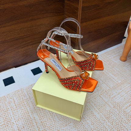 JIMMY CHOO 26S HEEL SANDALS 85 MM IN METALLIC ORANGE LEATHER CRYSTAL EMBELLISHED