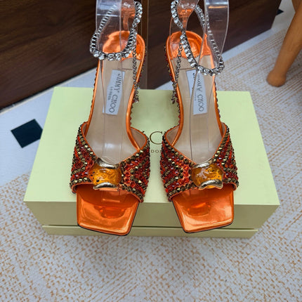 JIMMY CHOO 26S HEEL SANDALS 85 MM IN METALLIC ORANGE LEATHER CRYSTAL EMBELLISHED