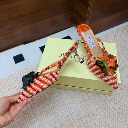 JIMMY CHOO 26S HEEL SANDALS 65 MM IN ORANGE CRYSTAL AND PEARL EMBELLISHED