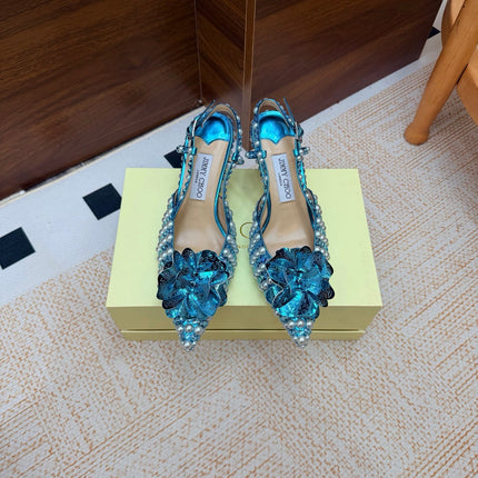JIMMY CHOO 26S SLINGBACK PUMPS 65 MM IN OCEAN BLUE CRYSTAL AND PEARL EMBELLISHED