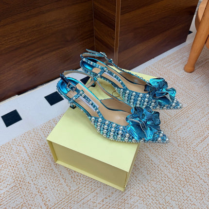 JIMMY CHOO 26S SLINGBACK PUMPS 65 MM IN OCEAN BLUE CRYSTAL AND PEARL EMBELLISHED
