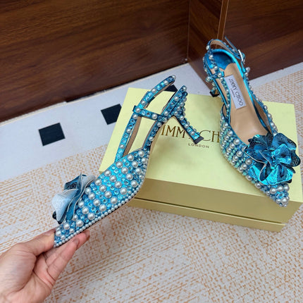 JIMMY CHOO 26S SLINGBACK PUMPS 65 MM IN OCEAN BLUE CRYSTAL AND PEARL EMBELLISHED