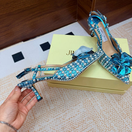 JIMMY CHOO 26S SLINGBACK PUMPS 65 MM IN OCEAN BLUE CRYSTAL AND PEARL EMBELLISHED