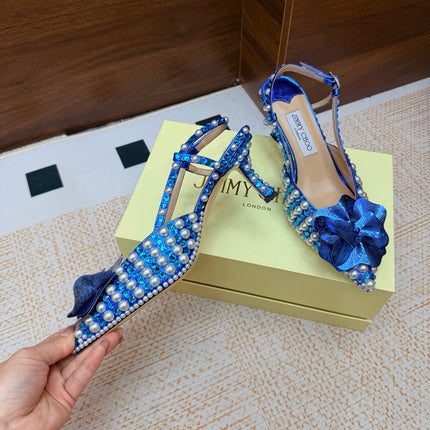 JIMMY CHOO 26S SLINGBACK PUMPS 65 MM IN BLUE CRYSTAL AND PEARL EMBELLISHED