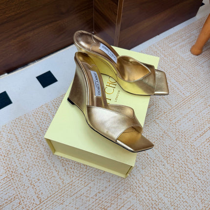 JIMMY CHOO 26S WEDGE SANDALS 95 MM IN GOLD METALLIC CALFSKIN