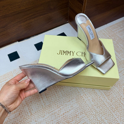 JIMMY CHOO 26S WEDGE SANDALS 95 MM IN SILVER METALLIC CALFSKIN