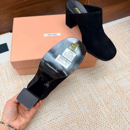 MIUMIU 26S BLOCK HEEL MULES IN BLACK SUEDE