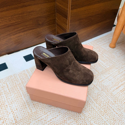 MIUMIU 26S BLOCK HEEL MULES IN DARK BROWN SUEDE