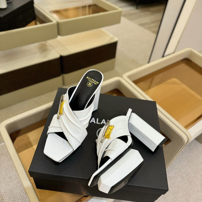 BALMAIN 25S WEDGE HEEL SANDALS 100MM IN WHITE CALFSKIN