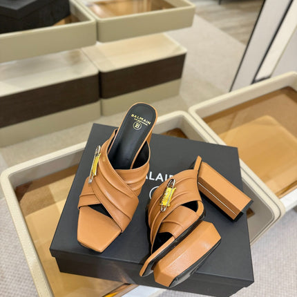 BALMAIN 25S WEDGE HEEL SANDALS 100MM IN BROWN CALFSKIN