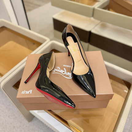 CHRISTIAN LOUBOUTIN 26S CUTOUT SIDE PUMP HEELS 105 MM IN BLACK PATENT CALFSKIN